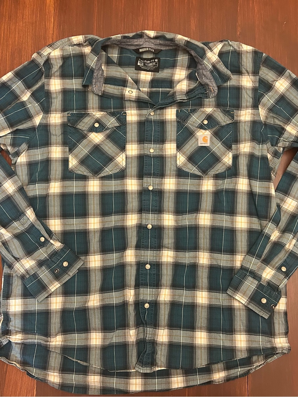 Carhartt Men's 2XLT Pearl Snap Teal and Cream Plaid Button-Down Shirt